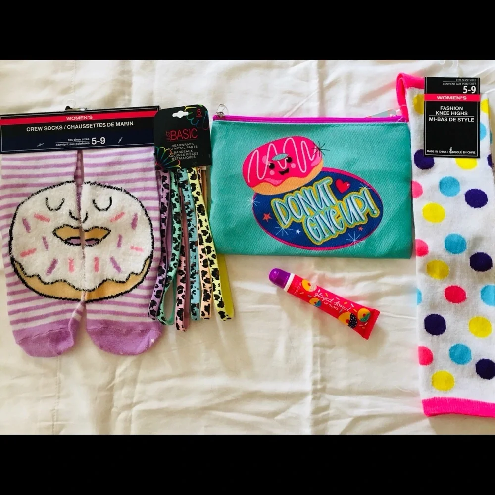 DONUT SOCKS ZIP CASE LIP GLOSS HEADBANDS !